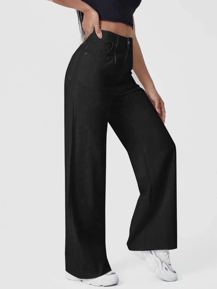 fcity.in - Women High Waist Cargo Black Jeans 6 Pocket Wide Leg Denim Pants  /
