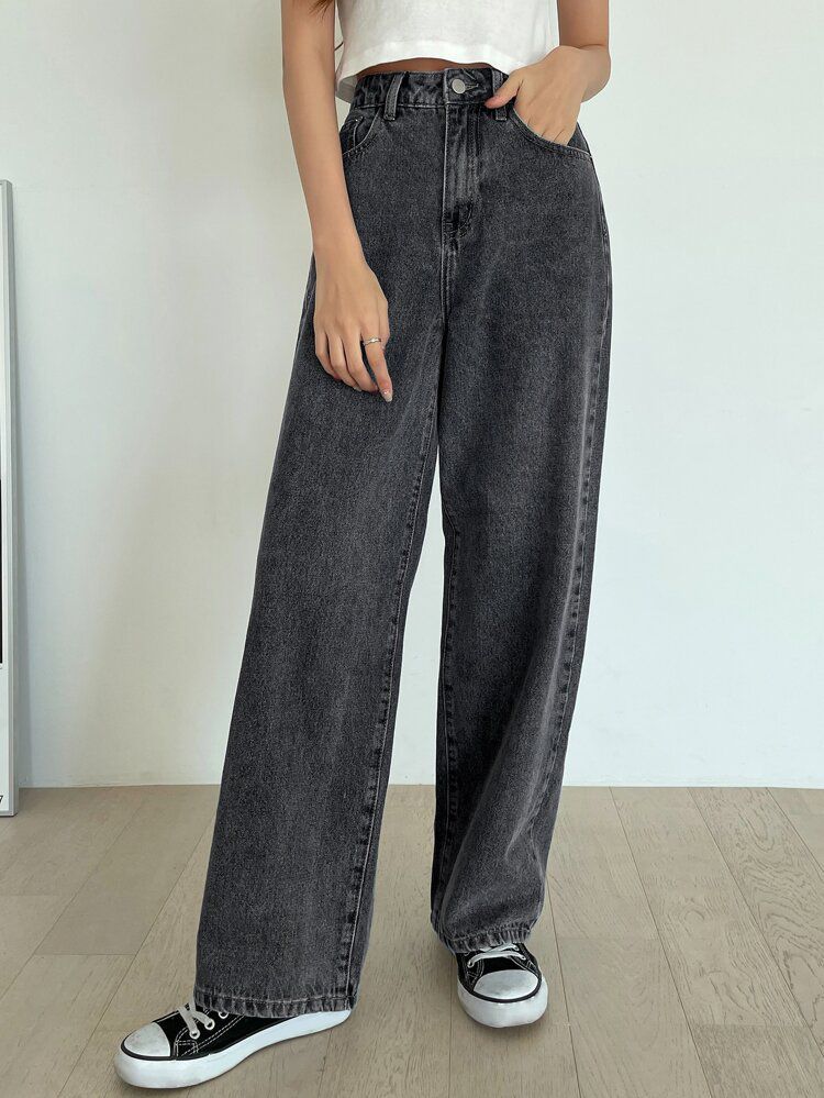 Women Wide leg Straight Fit Charcol Jeans