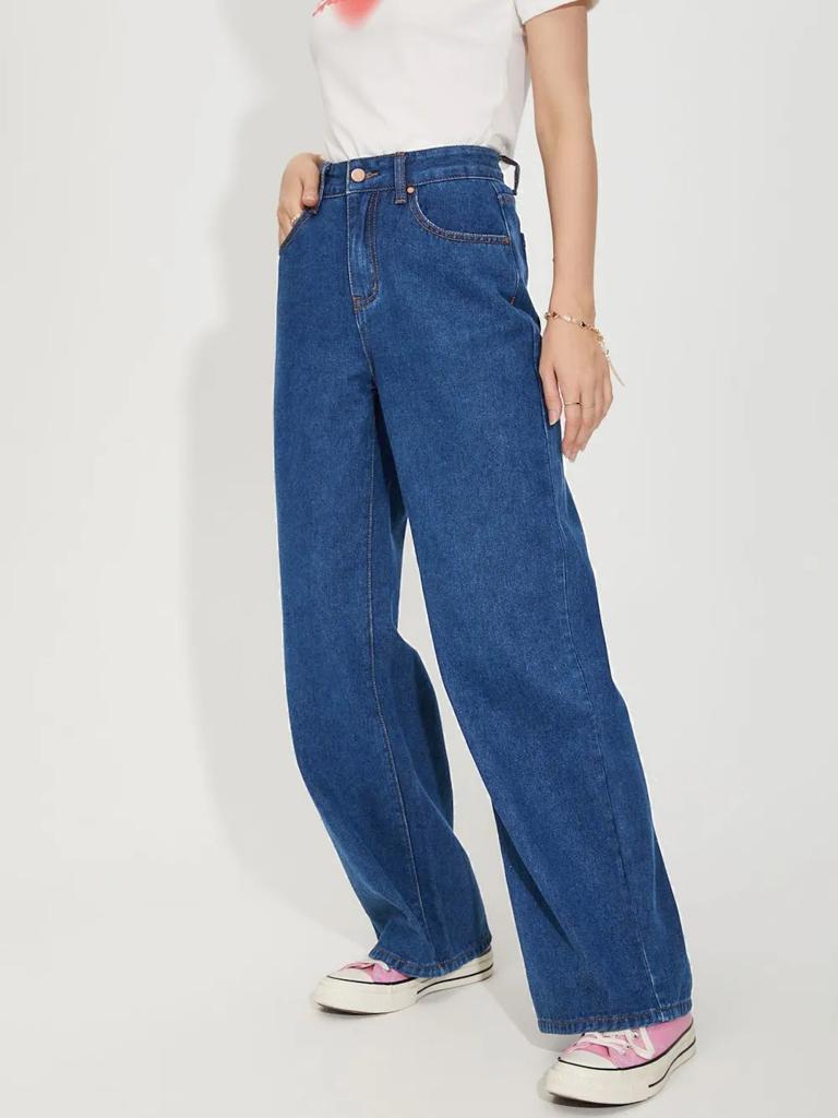 Women Wide Leg Jeans - Mid Blue - Indigo Blue Flared Jeans