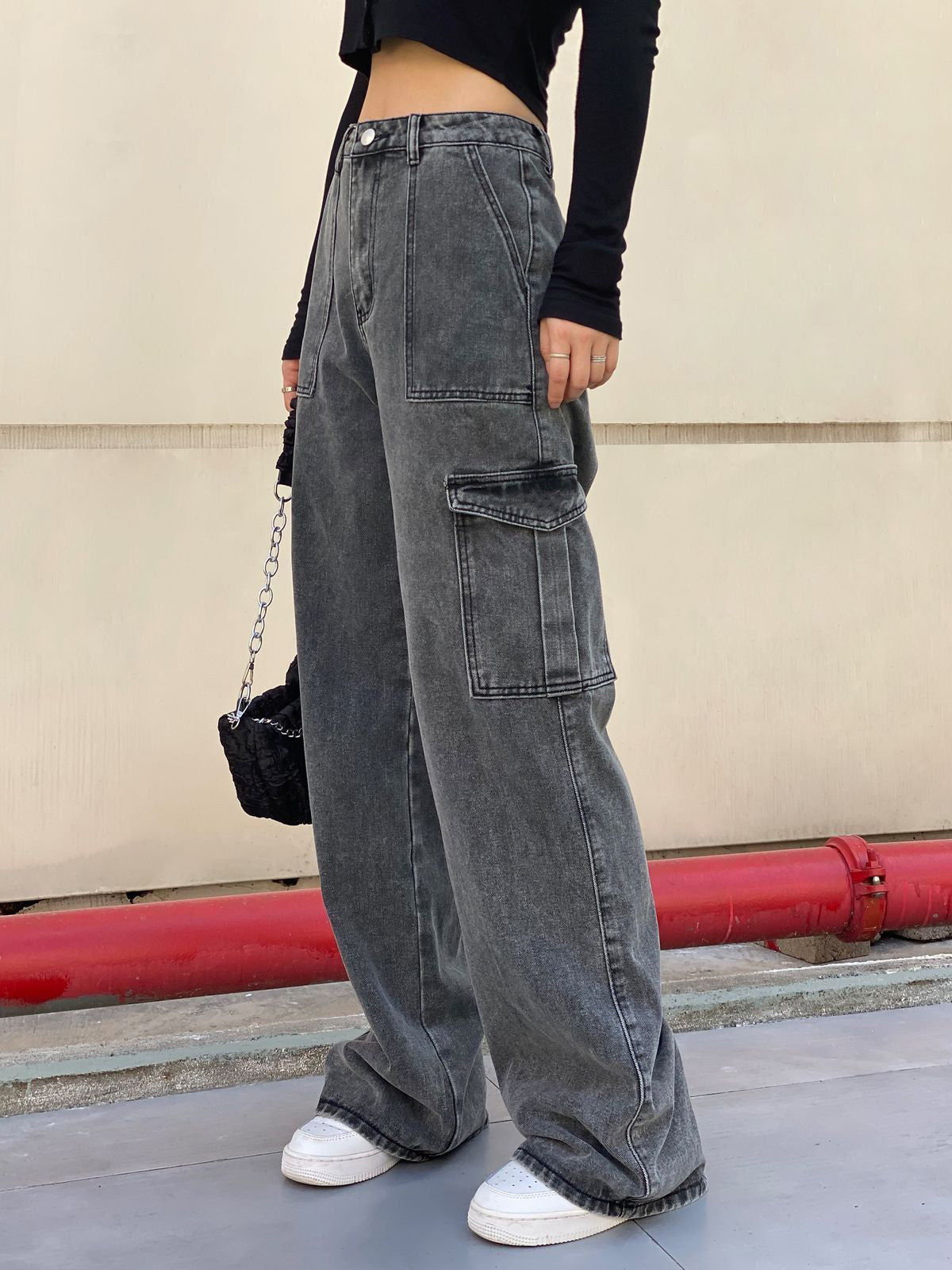 Women Charcoal Cargo Wide leg Jeans – BLUELOCKINDIA