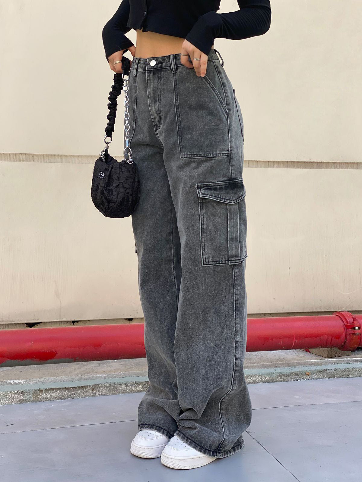 Women Charcoal Cargo Wide leg Jeans
