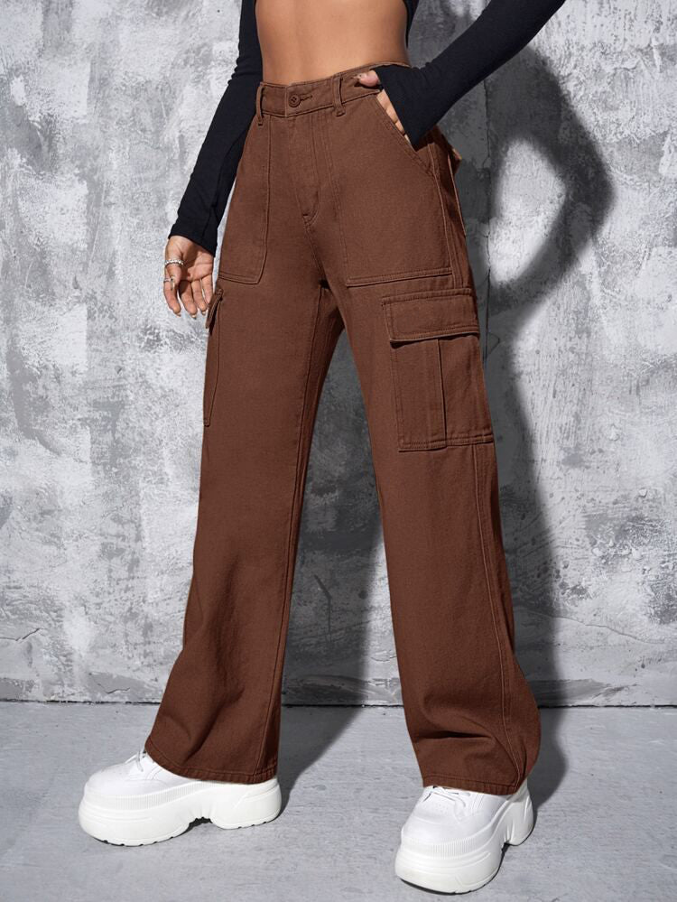 Women Wide Leg Jeans: Brown Cargo