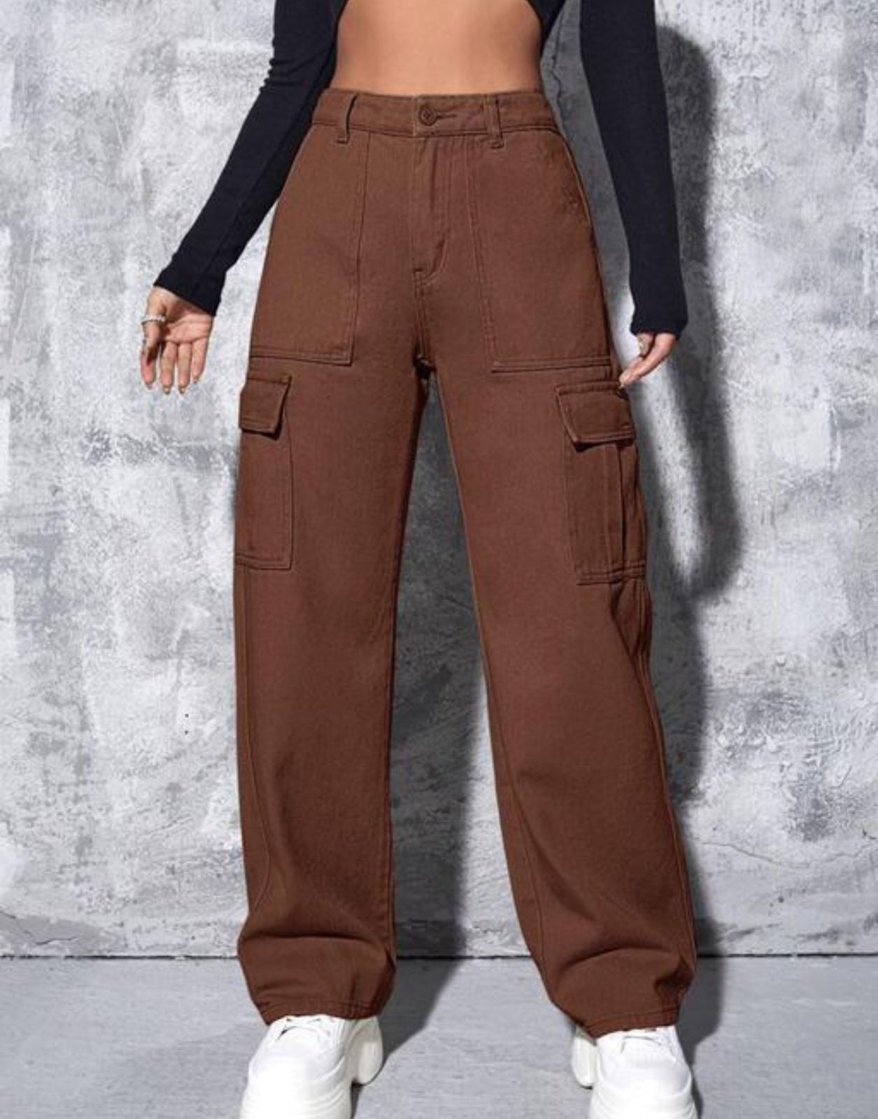 Women Wide Leg Jeans: Brown Cargo