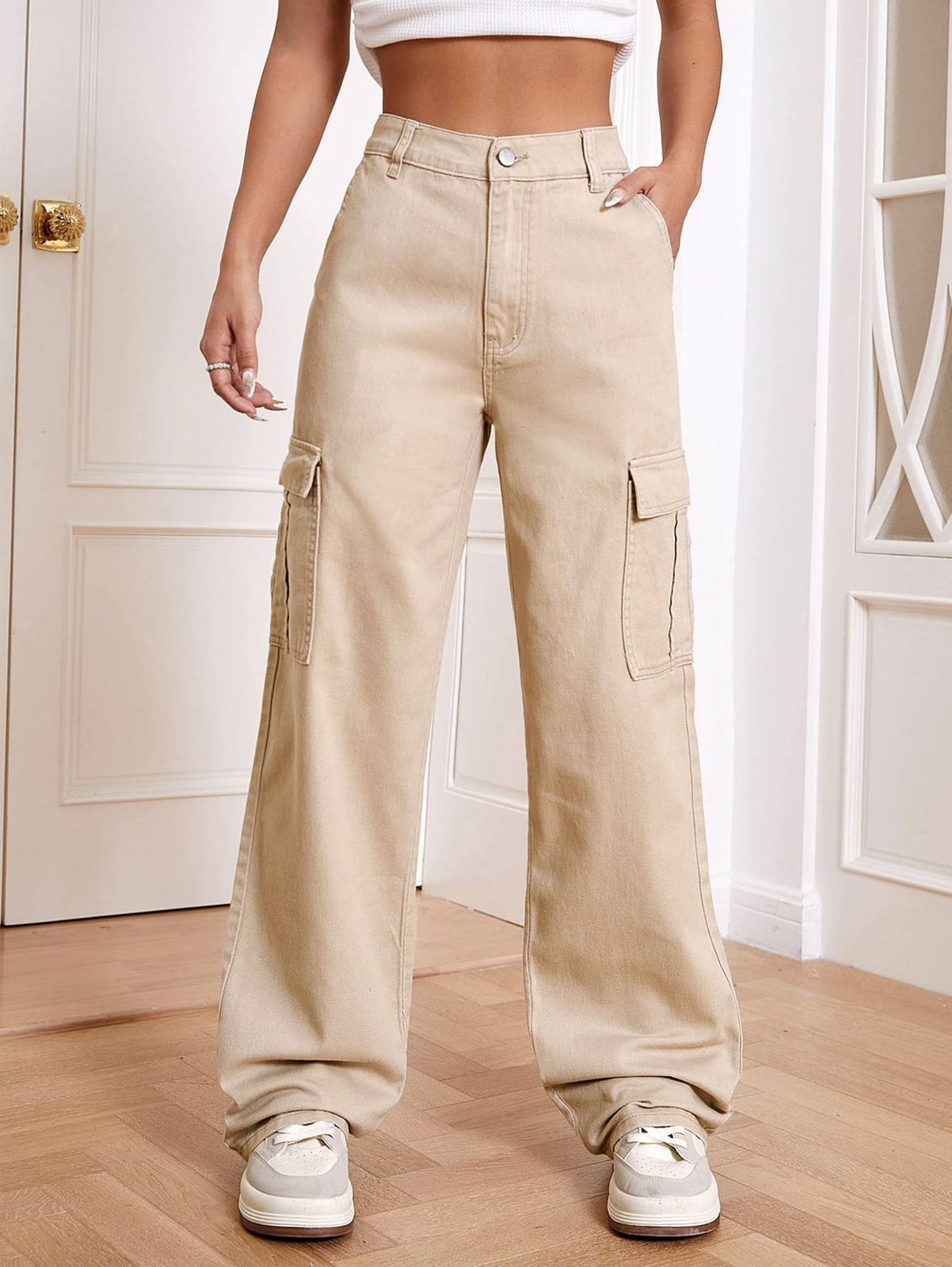 Women Wide Leg Jeans: Beige, Cream Cargo Flared Jeans – BLUELOCKINDIA