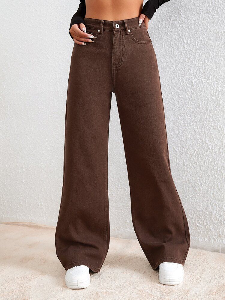 Women Brown Basic Wide Leg Straight Fit Jeans