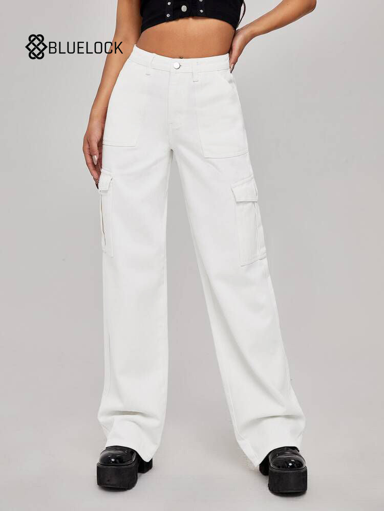 Women White Cargo 6 Pockets Wide Leg Flared Jeans